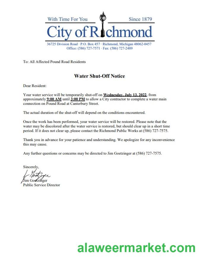 USA Michigan City of Richmond water utility bill shutoff notice, Word and PDF template